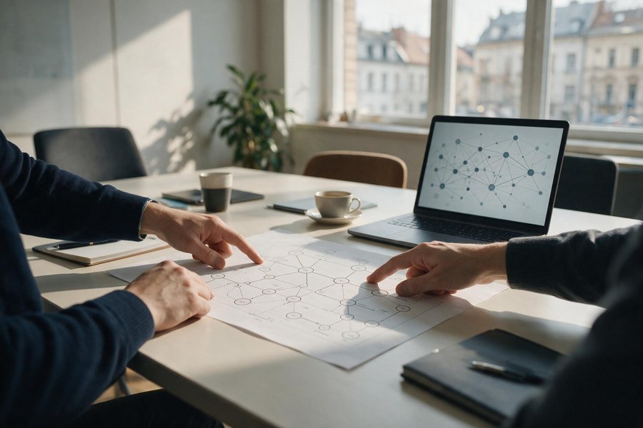 Beratungsgespräch am Besprechungstisch mit Netzplan und Notebook