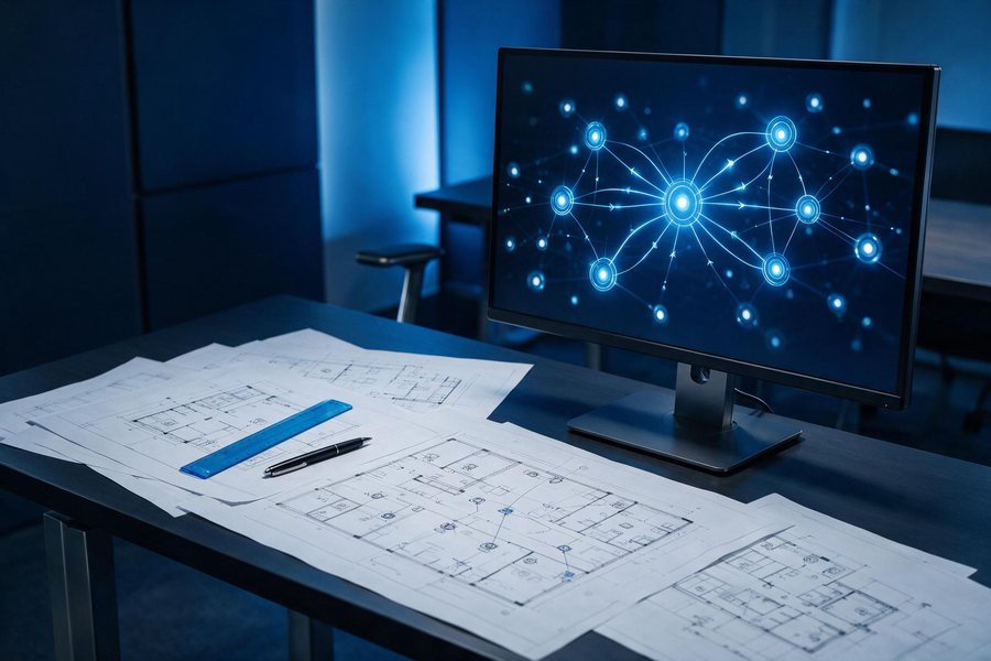 Bildschirm mit Netzwerktopologie neben technischen Planzeichnungen