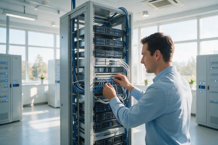 Technikerin patcht Netzwerkkabel in einem Serverschrank