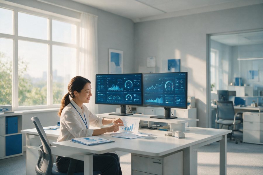 IT-Spezialistin wertet Monitoring-Dashboards an zwei Bildschirmen aus
