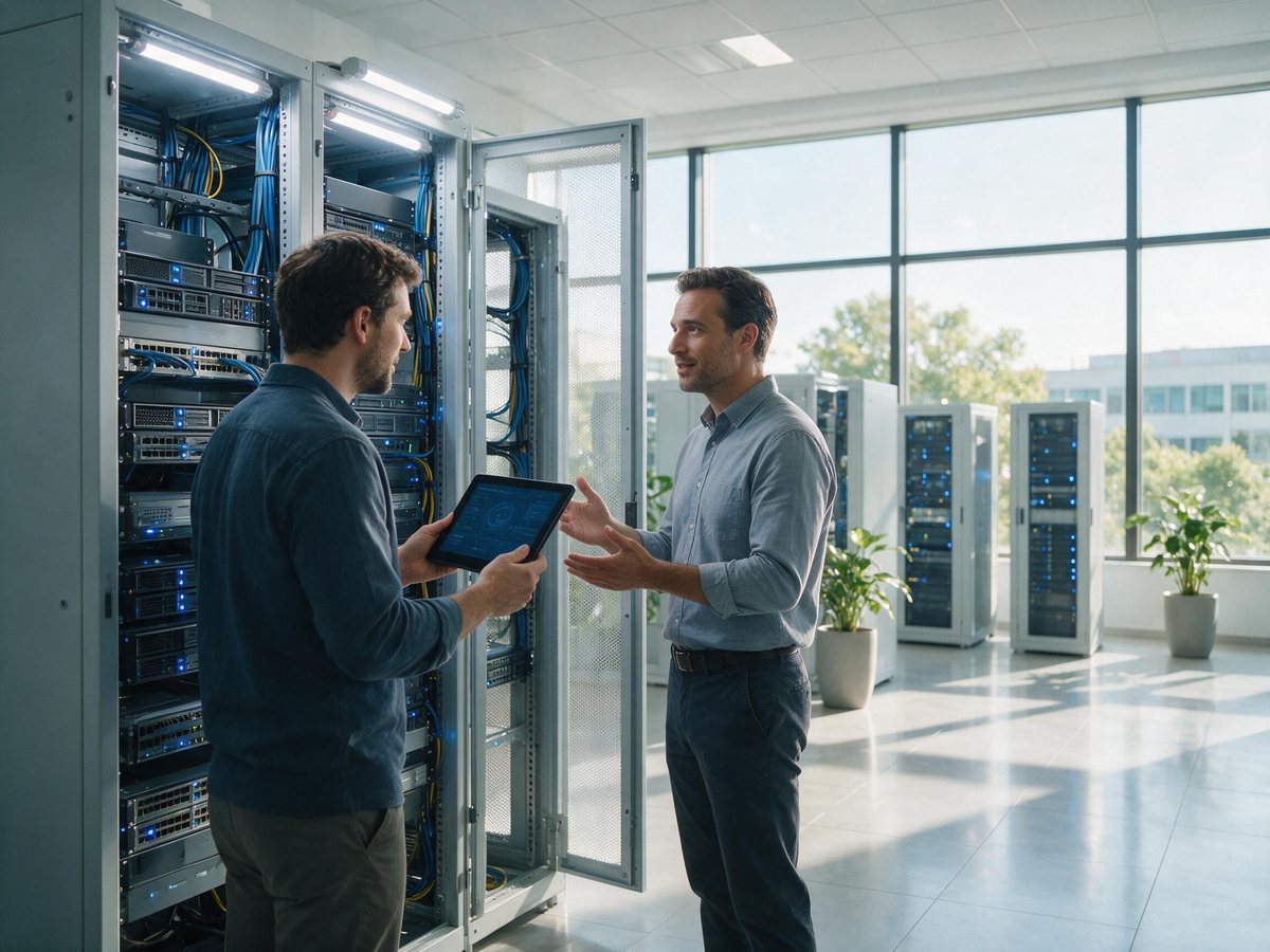 Zwei IT-Fachleute besprechen sich vor einem geöffneten Netzwerkschrank